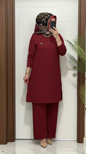 2121 K 80 BORDO ARMALI TAKIM fitilli BURGU kumaş tunik pantolon takım buyuk beden yeni sezon