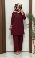 moda sura - 2850 K 90 bordo fitilli burgu kumaş tunik pantolon takım halka detay buyuk beden yeni sezon