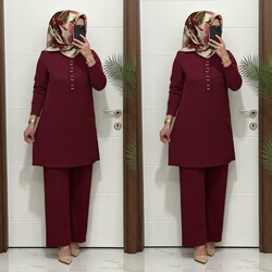 2850 K 90 bordo fitilli burgu kumaş tunik pantolon takım halka detay buyuk beden yeni sezon - Thumbnail