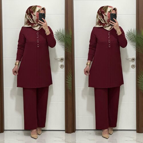 2850 K 90 bordo fitilli burgu kumaş tunik pantolon takım halka detay buyuk beden yeni sezon
