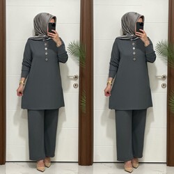 moda sura - 7044 K 90 antrasit DÜĞMELİ fitilli burgu kumaş tunik pantolon takım buyuk beden yeni sezon