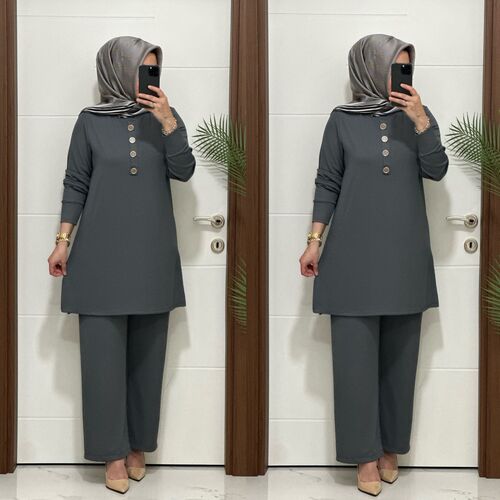 7044 K 90 antrasit DÜĞMELİ fitilli burgu kumaş tunik pantolon takım buyuk beden yeni sezon
