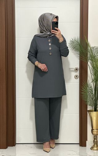 7044 K 90 antrasit DÜĞMELİ fitilli burgu kumaş tunik pantolon takım buyuk beden yeni sezon