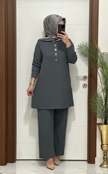 7044 K 90 antrasit DÜĞMELİ fitilli burgu kumaş tunik pantolon takım buyuk beden yeni sezon - Thumbnail