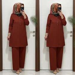 moda sura - 2850 K 90 KİREMİT fitilli burgu kumaş tunik pantolon takım halka detay buyuk beden yeni sezon