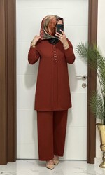2850 K 90 KİREMİT fitilli burgu kumaş tunik pantolon takım halka detay buyuk beden yeni sezon - Thumbnail
