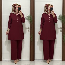moda sura - 7044 K 90 bordo DÜĞMELİ fitilli burgu kumaş tunik pantolon takım buyuk beden yeni sezon