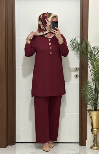 7044 K 90 bordo DÜĞMELİ fitilli burgu kumaş tunik pantolon takım buyuk beden yeni sezon