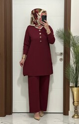 7044 K 90 bordo DÜĞMELİ fitilli burgu kumaş tunik pantolon takım buyuk beden yeni sezon - Thumbnail