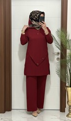 moda sura - 3370 K 90 bordo düğme detay fitilli burgu kumaş tunik pantolon takım buyuk beden yeni sezon