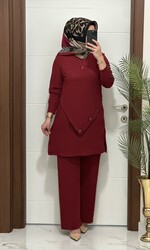 3370 K 90 bordo düğme detay fitilli burgu kumaş tunik pantolon takım buyuk beden yeni sezon - Thumbnail