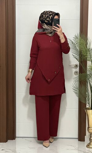 3370 K 90 bordo düğme detay fitilli burgu kumaş tunik pantolon takım buyuk beden yeni sezon