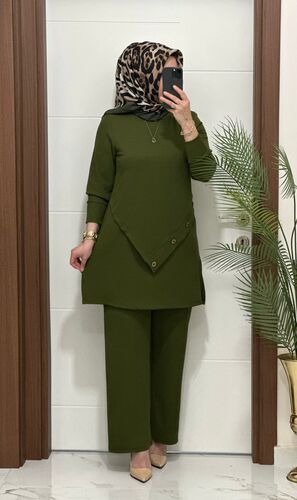 3370 K 90 haki düğme detay fitilli burgu kumaş tunik pantolon takım buyuk beden yeni sezon
