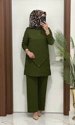 3370 K 90 haki düğme detay fitilli burgu kumaş tunik pantolon takım buyuk beden yeni sezon - Thumbnail
