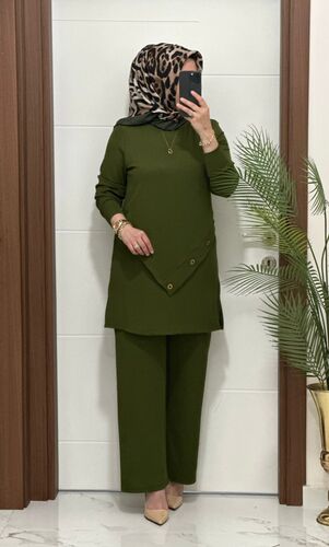3370 K 90 haki düğme detay fitilli burgu kumaş tunik pantolon takım buyuk beden yeni sezon