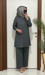 moda sura - 2850 K 90 antrasit fitilli burgu kumaş tunik pantolon takım halka detay buyuk beden yeni sezon