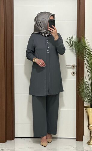 2850 K 90 antrasit fitilli burgu kumaş tunik pantolon takım halka detay buyuk beden yeni sezon