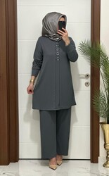 2850 K 90 antrasit fitilli burgu kumaş tunik pantolon takım halka detay buyuk beden yeni sezon - Thumbnail