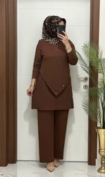 3370 K 90 kahverengi düğme detay fitilli burgu kumaş tunik pantolon takım buyuk beden yeni sezon - Thumbnail