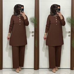7044 K 90 kahverengi DÜĞMELİ fitilli burgu kumaş tunik pantolon takım buyuk beden yeni sezon - Thumbnail