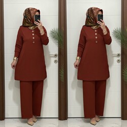 moda sura - 7044 K 90 KİREMİT DÜĞMELİ fitilli burgu kumaş tunik pantolon takım buyuk beden yeni sezon