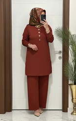 7044 K 90 KİREMİT DÜĞMELİ fitilli burgu kumaş tunik pantolon takım buyuk beden yeni sezon - Thumbnail