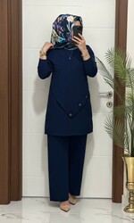 moda sura - 3370 K 90 lacivert düğme detay fitilli burgu kumaş tunik pantolon takım buyuk beden yeni sezon
