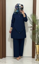 3370 K 90 lacivert düğme detay fitilli burgu kumaş tunik pantolon takım buyuk beden yeni sezon - Thumbnail
