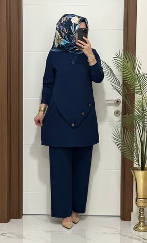 3370 K 90 lacivert düğme detay fitilli burgu kumaş tunik pantolon takım buyuk beden yeni sezon