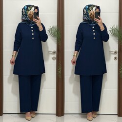 moda sura - 7044 K 90 lacivert DÜĞMELİ fitilli burgu kumaş tunik pantolon takım buyuk beden yeni sezon