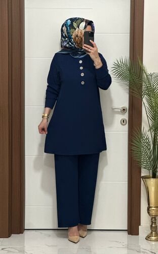 7044 K 90 lacivert DÜĞMELİ fitilli burgu kumaş tunik pantolon takım buyuk beden yeni sezon