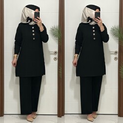 moda sura - 7044 K 90 SİYAH DÜĞMELİ fitilli burgu kumaş tunik pantolon takım buyuk beden yeni sezon