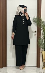 7044 K 90 SİYAH DÜĞMELİ fitilli burgu kumaş tunik pantolon takım buyuk beden yeni sezon - Thumbnail