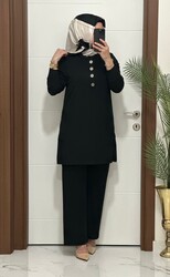 7044 K 90 SİYAH DÜĞMELİ fitilli burgu kumaş tunik pantolon takım buyuk beden yeni sezon - Thumbnail