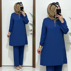 moda sura - 1035 K120 İNDİGO FERMUARLI tunik pantolon aerobin kumaş ikili takım buyuk beden yeni sezon