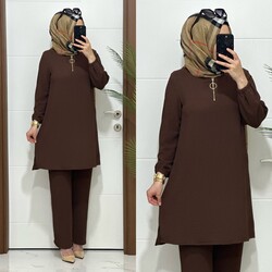 moda sura - 1035 K120 KAHVERENGİ FERMUARLI tunik pantolon aerobin kumaş ikili takım buyuk beden yeni sezon