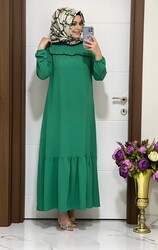 moda sura - 3333 K35 BENETTON YEŞİL FIRFIRLI ELBİSE