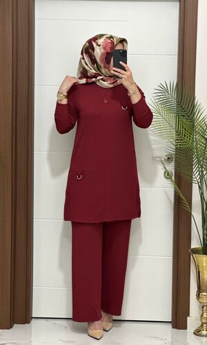 1333 K 90 bordo tokalı fitilli burgu kumaş tunik pantolon takım buyuk beden yeni sezon