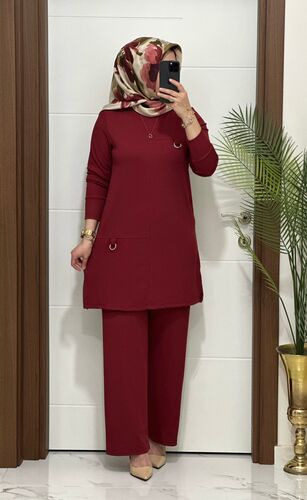 1333 K 90 bordo tokalı fitilli burgu kumaş tunik pantolon takım buyuk beden yeni sezon