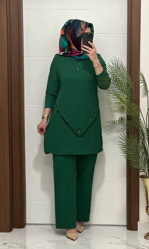 3370 K 90 zümrüt düğme detay fitilli burgu kumaş tunik pantolon takım buyuk beden yeni sezon