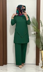 3370 K 90 zümrüt düğme detay fitilli burgu kumaş tunik pantolon takım buyuk beden yeni sezon - Thumbnail