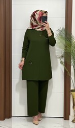 moda sura - 1333 K 90 haki tokalı fitilli burgu kumaş tunik pantolon takım buyuk beden yeni sezon