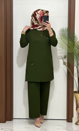 1333 K 90 haki tokalı fitilli burgu kumaş tunik pantolon takım buyuk beden yeni sezon