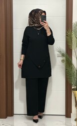 moda sura - 3370 K 90 siyah düğme detay fitilli burgu kumaş tunik pantolon takım buyuk beden yeni sezon