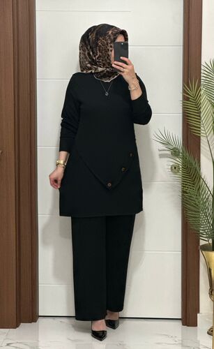 3370 K 90 siyah düğme detay fitilli burgu kumaş tunik pantolon takım buyuk beden yeni sezon