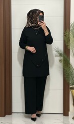 3370 K 90 siyah düğme detay fitilli burgu kumaş tunik pantolon takım buyuk beden yeni sezon - Thumbnail