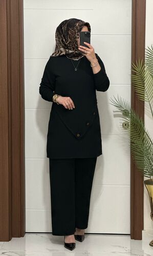 3370 K 90 siyah düğme detay fitilli burgu kumaş tunik pantolon takım buyuk beden yeni sezon
