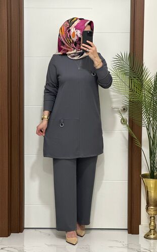 1333 K 90 antrasit tokalı fitilli burgu kumaş tunik pantolon takım buyuk beden yeni sezon