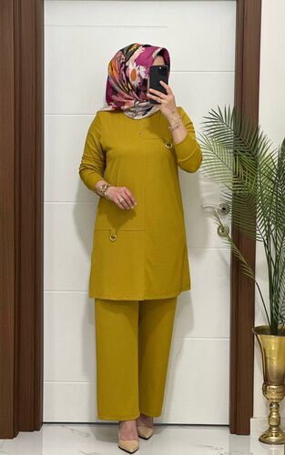 1333K 90 hardal tokalı fitilli burgu kumaş tunik pantolon takım buyuk beden yeni sezon