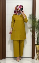 1333K 90 hardal tokalı fitilli burgu kumaş tunik pantolon takım buyuk beden yeni sezon - Thumbnail